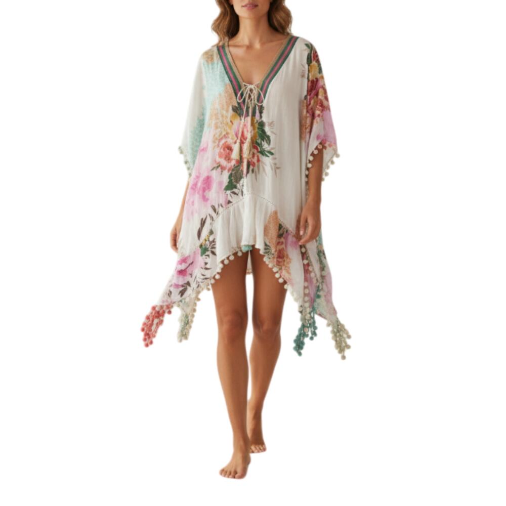 Z&L Floral Pom Pom Trim Tunic CoverUp Sz M Boho Coastal Versatile Resort Beach